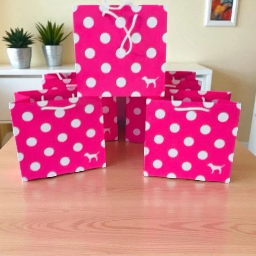 New 4 Victoria's Secret PINK Polka Dots 8”Hx8”Wx4.5”D Paper Gift Shopping Bags